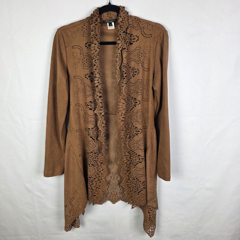 Alberto Makali Brown Faux Suede Laser Cut Studded‎ Open Front Cardigan Small